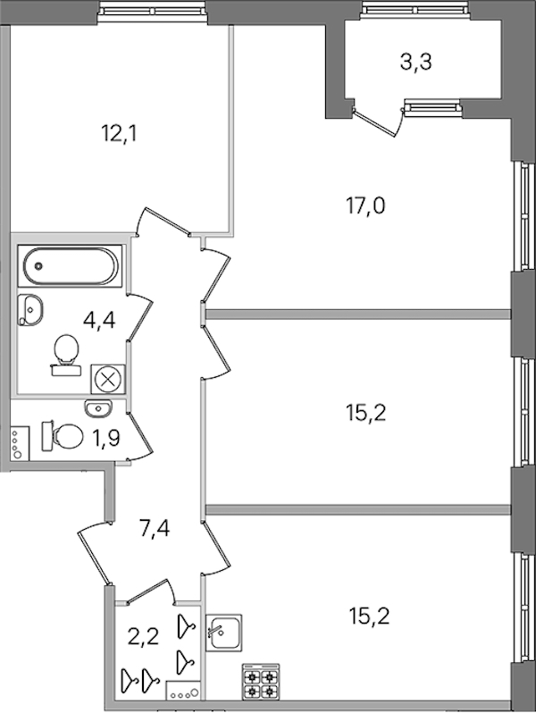 3-комнатная квартира 75.4 м², 1/4 эт., ЖК «Дубровский»