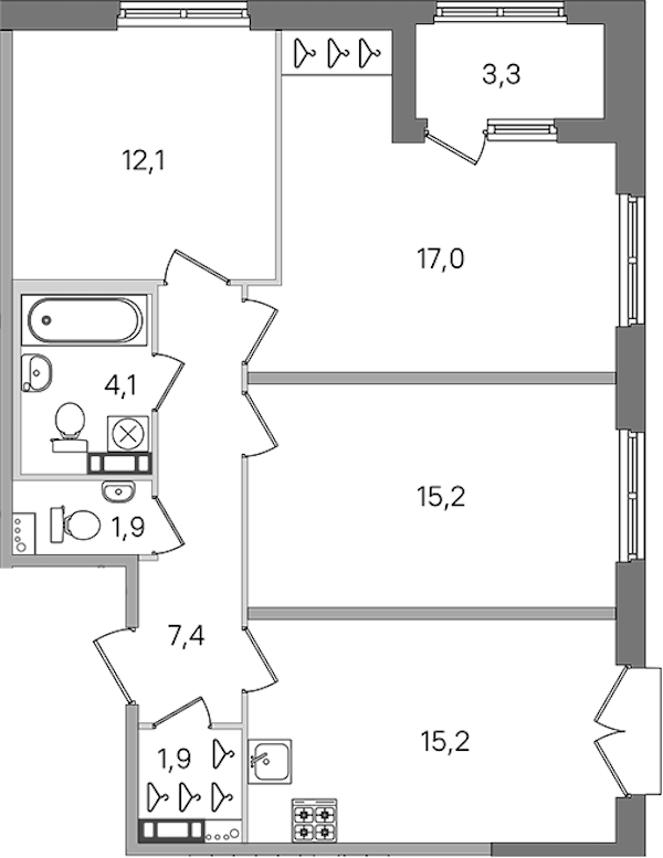 3-комнатная квартира 74.8 м², 2/4 эт., ЖК «Дубровский»