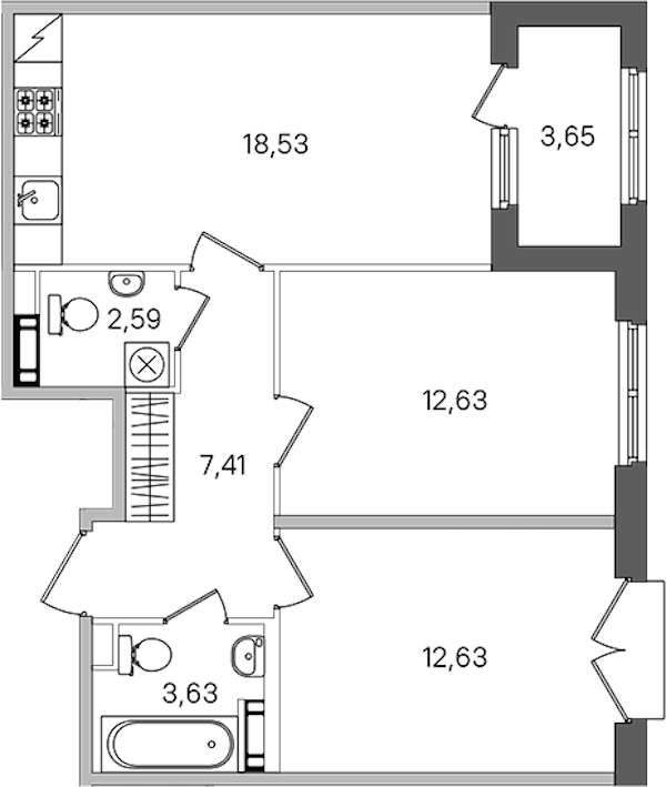 2-комнатная квартира 59.25 м², 3/4 эт., ЖК «Дубровский»