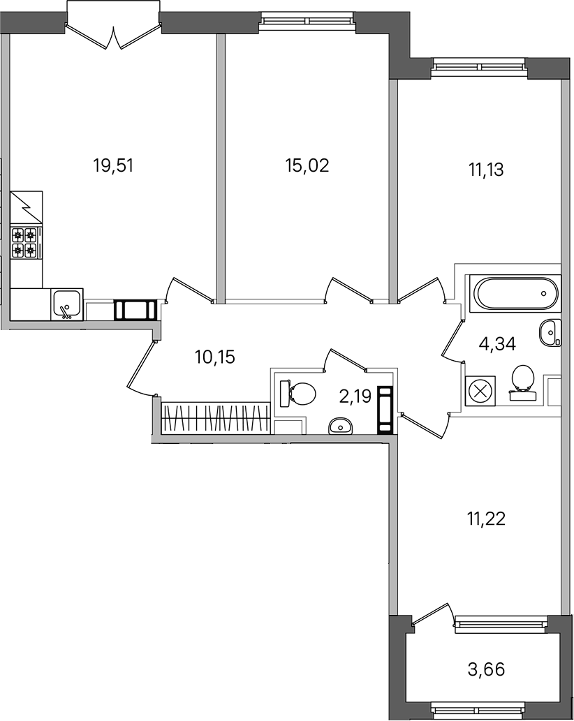 3-комнатная квартира 75.39 м², 3/4 эт., ЖК «Дубровский»