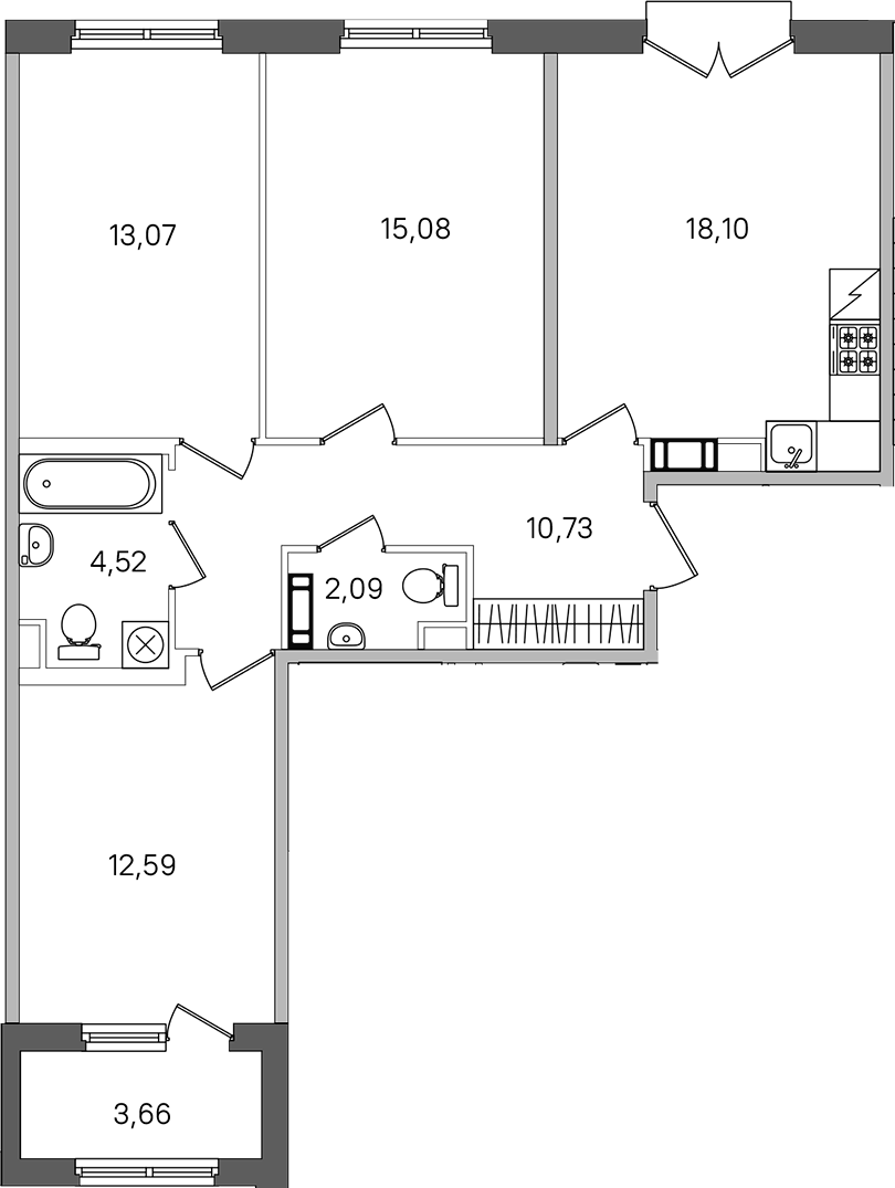 3-комнатная квартира 78.01 м², 3/4 эт., ЖК «Дубровский»