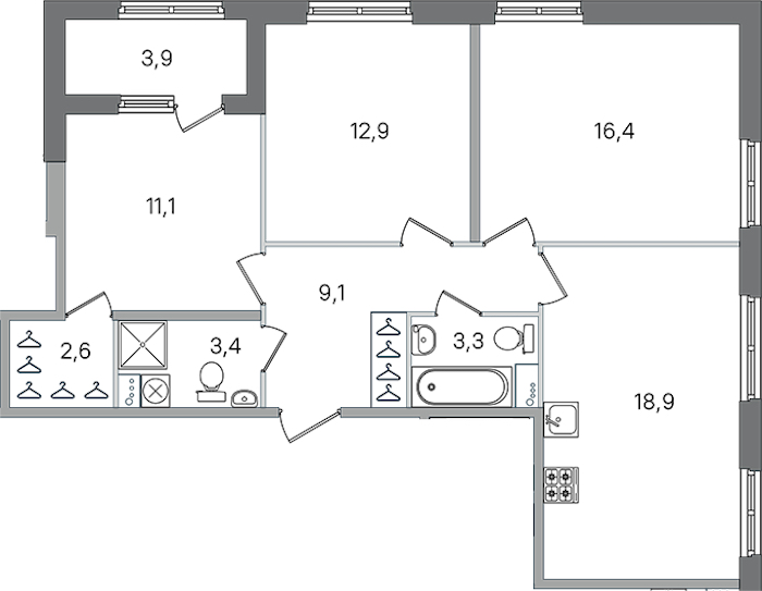 3-комнатная квартира 77.7 м², 1/4 эт., ЖК «Дубровский»