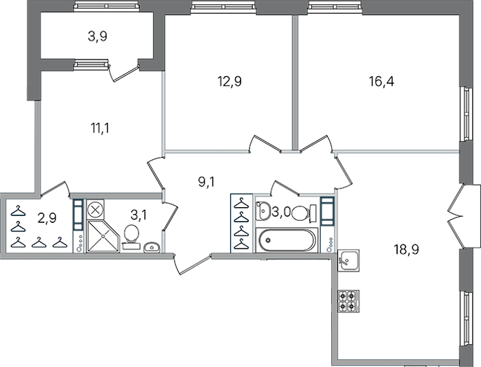 3-комнатная квартира 77.4 м², 3/4 эт., ЖК «Дубровский»