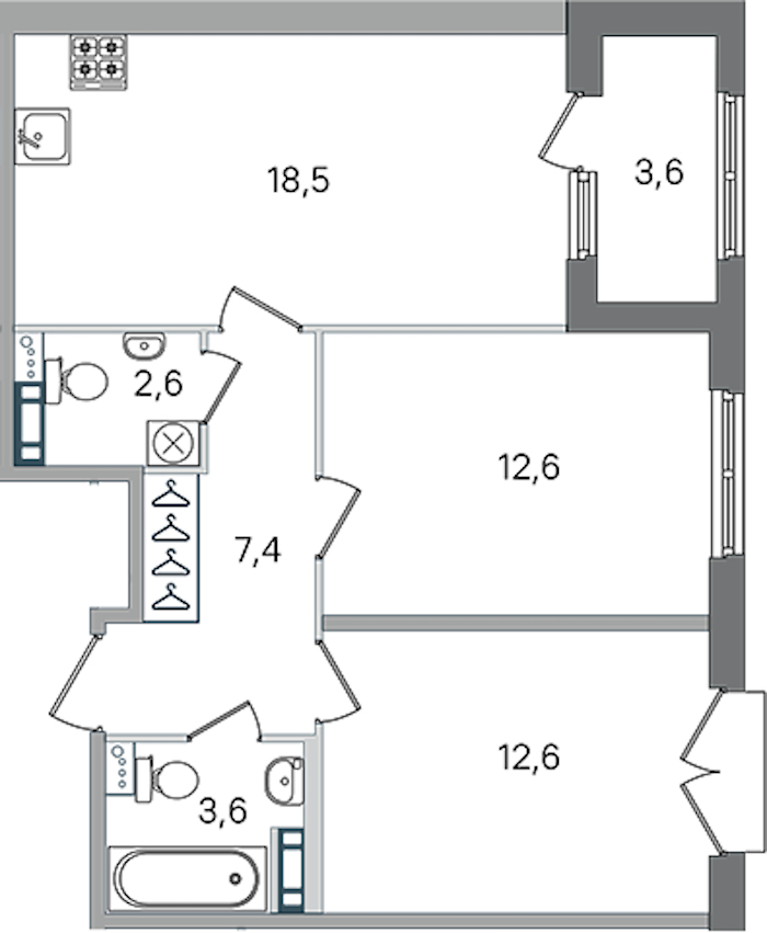2-комнатная квартира 57.3 м², 4/4 эт., ЖК «Дубровский»