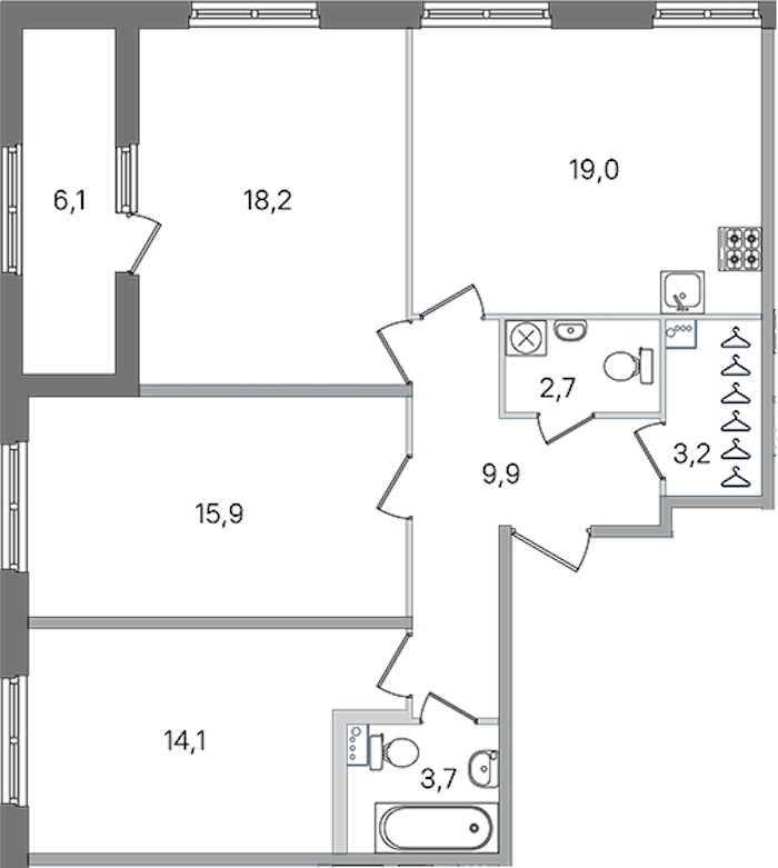 3-комнатная квартира 86.7 м², 1/4 эт., ЖК «Дубровский»
