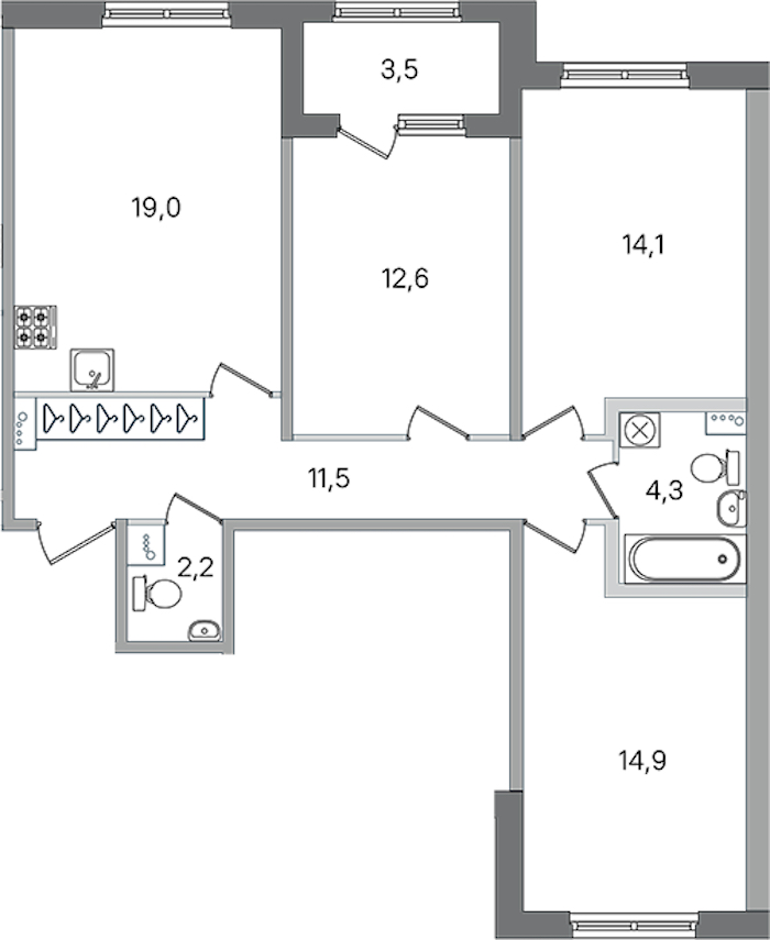 3-комнатная квартира 78.6 м², 1/4 эт., ЖК «Дубровский»