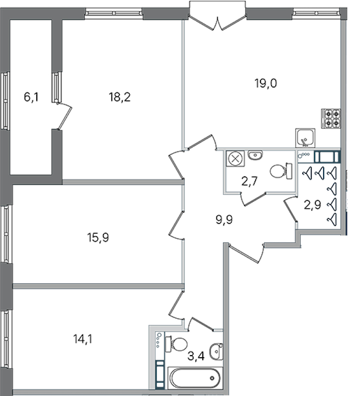 3-комнатная квартира 86.1 м², 2/4 эт., ЖК «Дубровский»