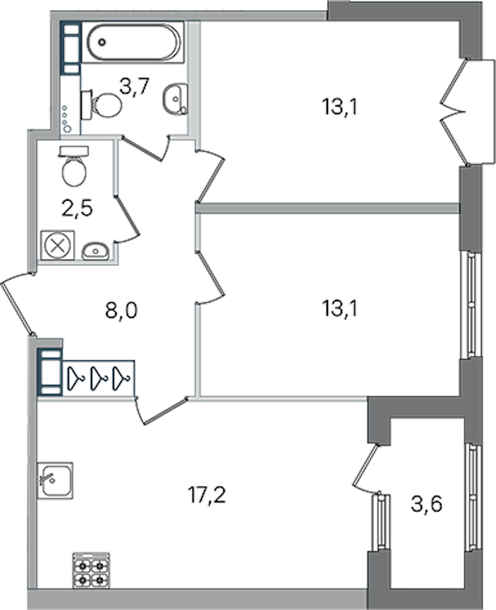 2-комнатная квартира 57.6 м², 4/4 эт., ЖК «Дубровский»
