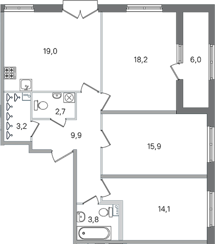 3-комнатная квартира 86.8 м², 2/4 эт., ЖК «Дубровский»