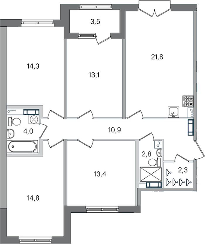 4-комнатная квартира 97.4 м², 3/4 эт., ЖК «Дубровский»