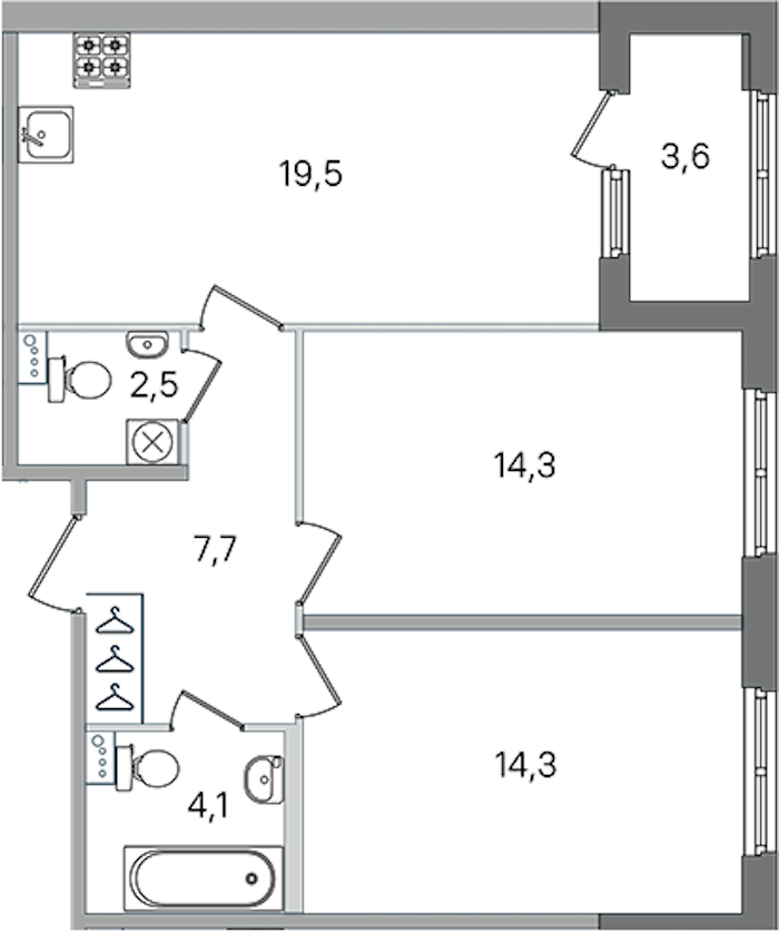 2-комнатная квартира 62.4 м², 1/4 эт., ЖК «Дубровский»