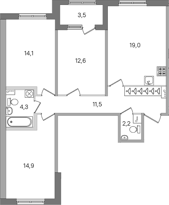 3-комнатная квартира 78.6 м², 1/4 эт., ЖК «Дубровский»