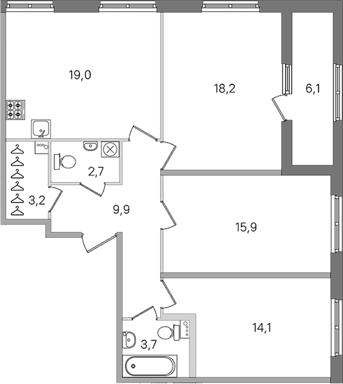 3-комнатная квартира 86.7 м², 1/4 эт., ЖК «Дубровский»