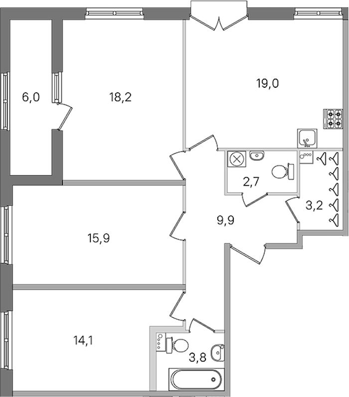 3-комнатная квартира 86.8 м², 2/4 эт., ЖК «Дубровский»