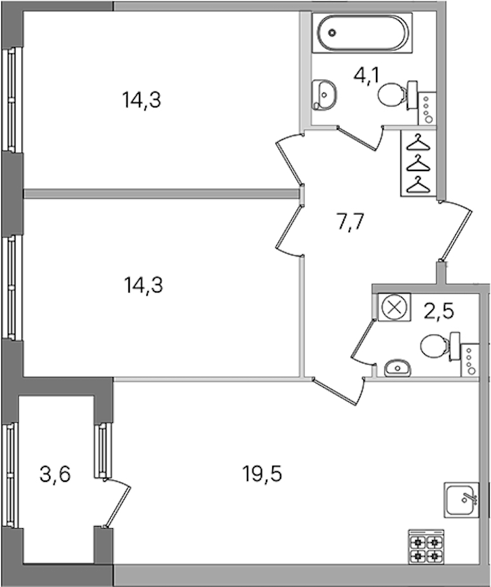 2-комнатная квартира 62.4 м², 1/4 эт., ЖК «Дубровский»