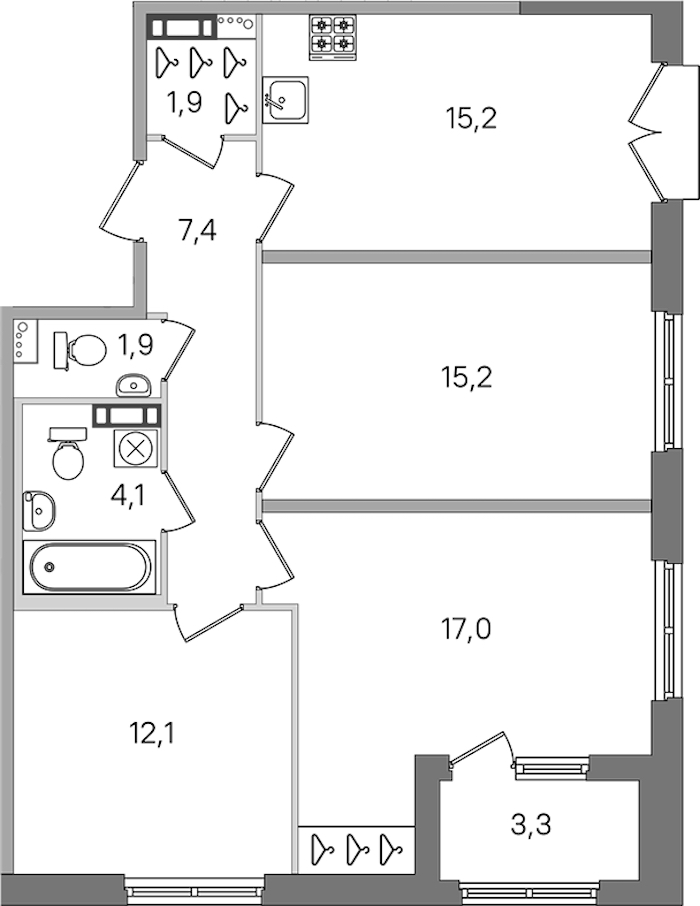 3-комнатная квартира 74.8 м², 3/4 эт., ЖК «Дубровский»
