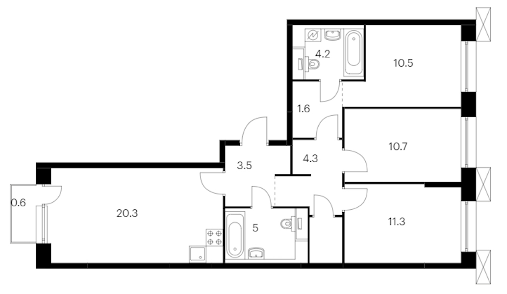 3-комнатная квартира 77.2 м², 6/14 эт., ЖК «Аэронавт»