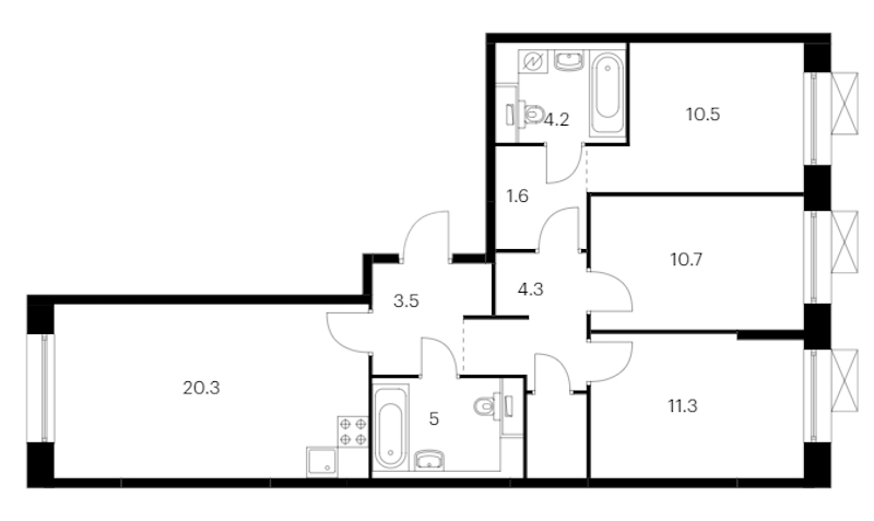 3-комнатная квартира 76.6 м², 12/14 эт., ЖК «Аэронавт»