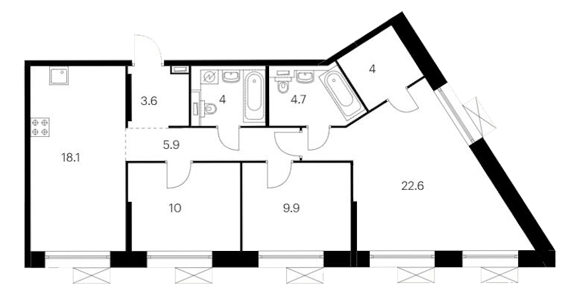 3-комнатная квартира 82.8 м², 12/14 эт., ЖК «Аэронавт»