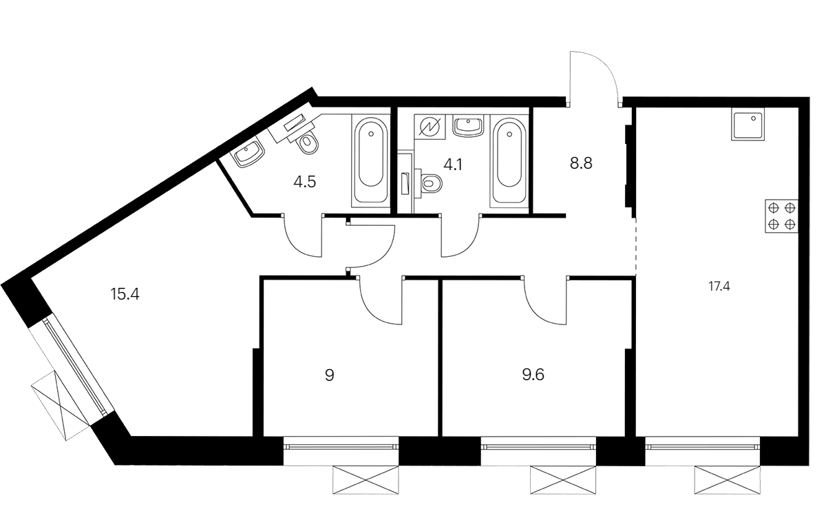 3-комнатная квартира 68.8 м², 13/14 эт., ЖК «Аэронавт»