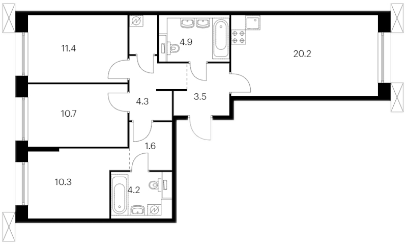 3-комнатная квартира 76.3 м², 5/13 эт., ЖК «Аэронавт»