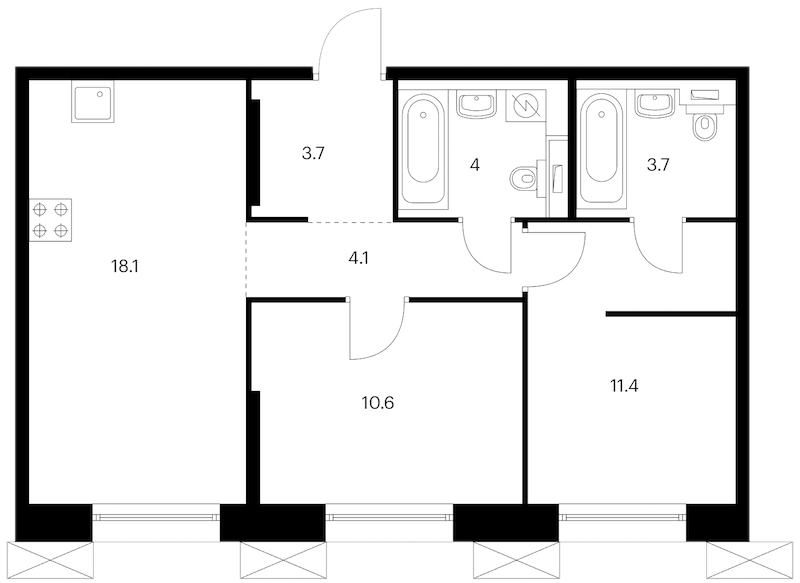 2-комнатная квартира 55.6 м², 6/13 эт., ЖК «Аэронавт»