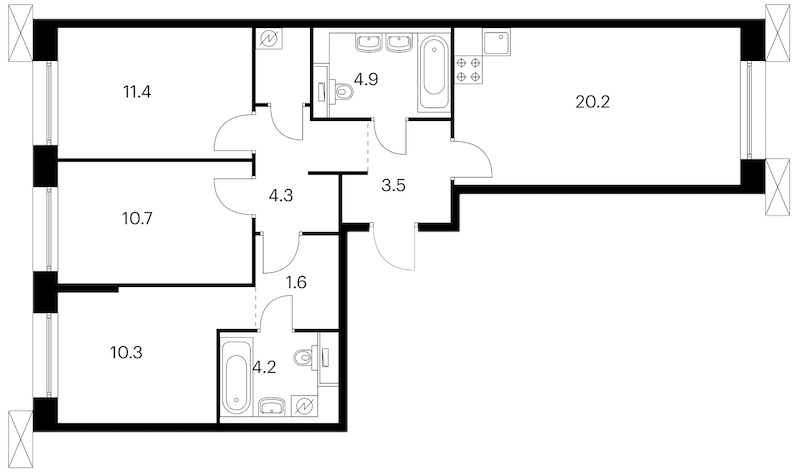 3-комнатная квартира 76.3 м², 9/13 эт., ЖК «Аэронавт»