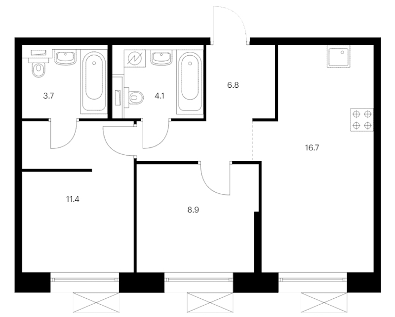 2-комнатная квартира 51.6 м², 13/13 эт., ЖК «Аэронавт»