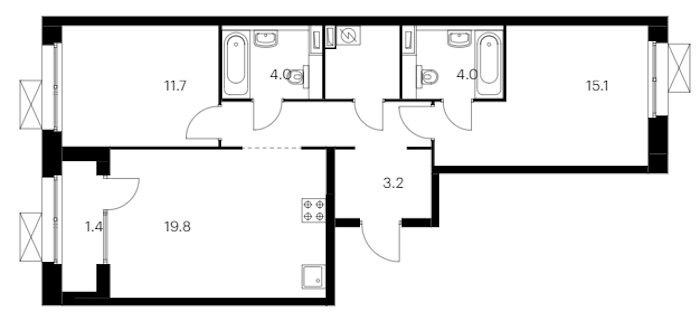 2-комнатная квартира 69.2 м², 3/12 эт., ЖК «Аэронавт»