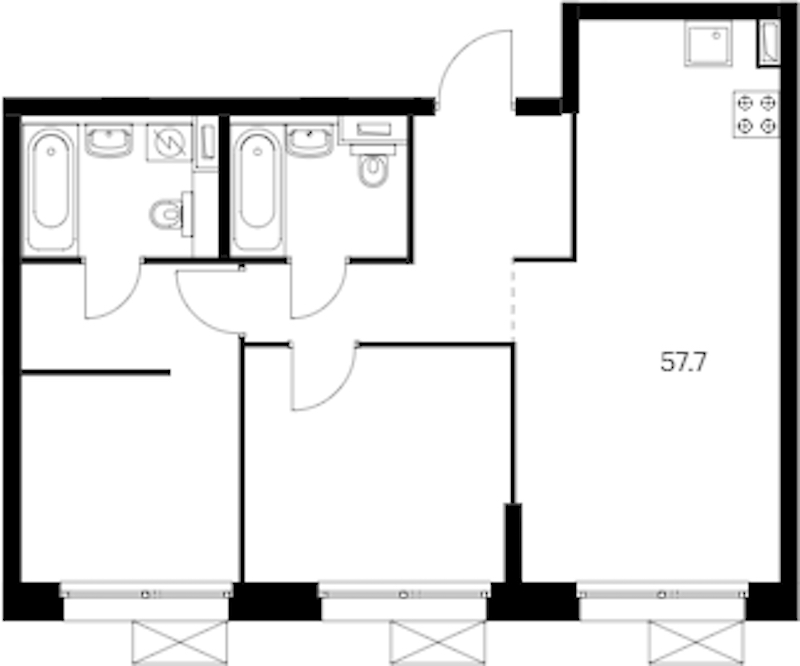 2-комнатная квартира 57.7 м², 9/12 эт., ЖК «Аэронавт»