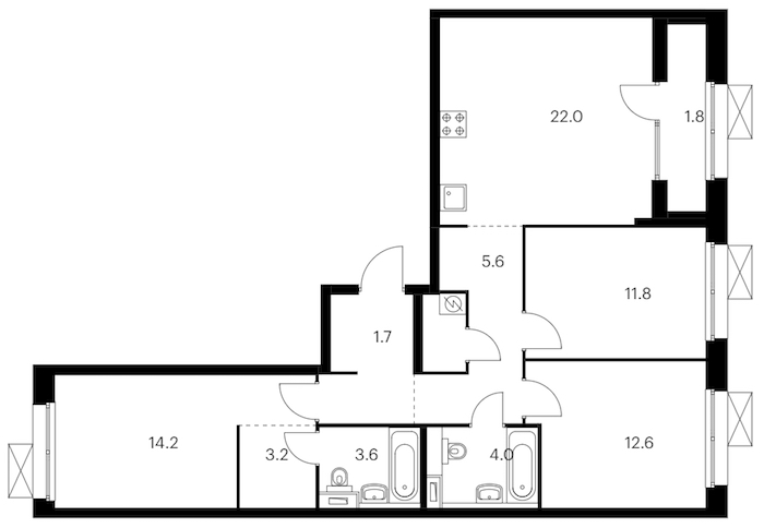3-комнатная квартира 88.1 м², 3/12 эт., ЖК «Аэронавт»