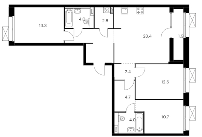 3-комнатная квартира 88.8 м², 8/12 эт., ЖК «Аэронавт»