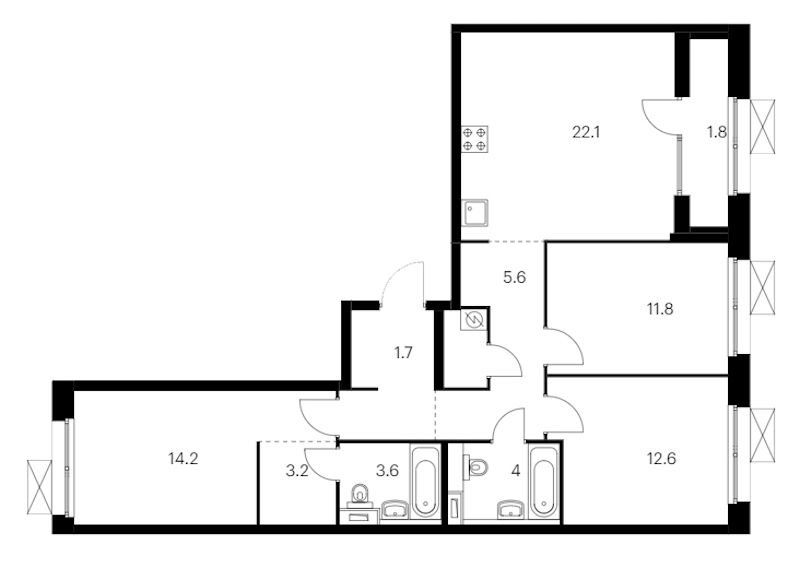 3-комнатная квартира 88.2 м², 11/12 эт., ЖК «Аэронавт»