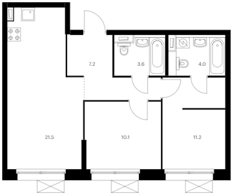 2-комнатная квартира 57.6 м², 3/12 эт., ЖК «Аэронавт»