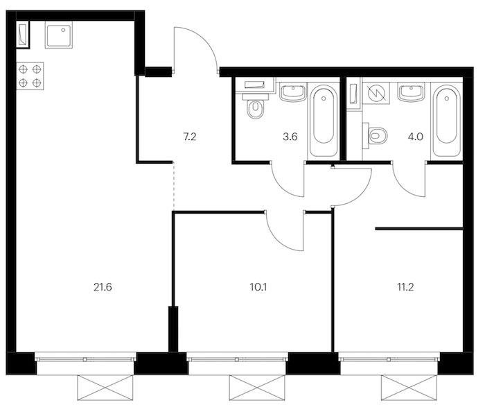 2-комнатная квартира 57.7 м², 9/12 эт., ЖК «Аэронавт»