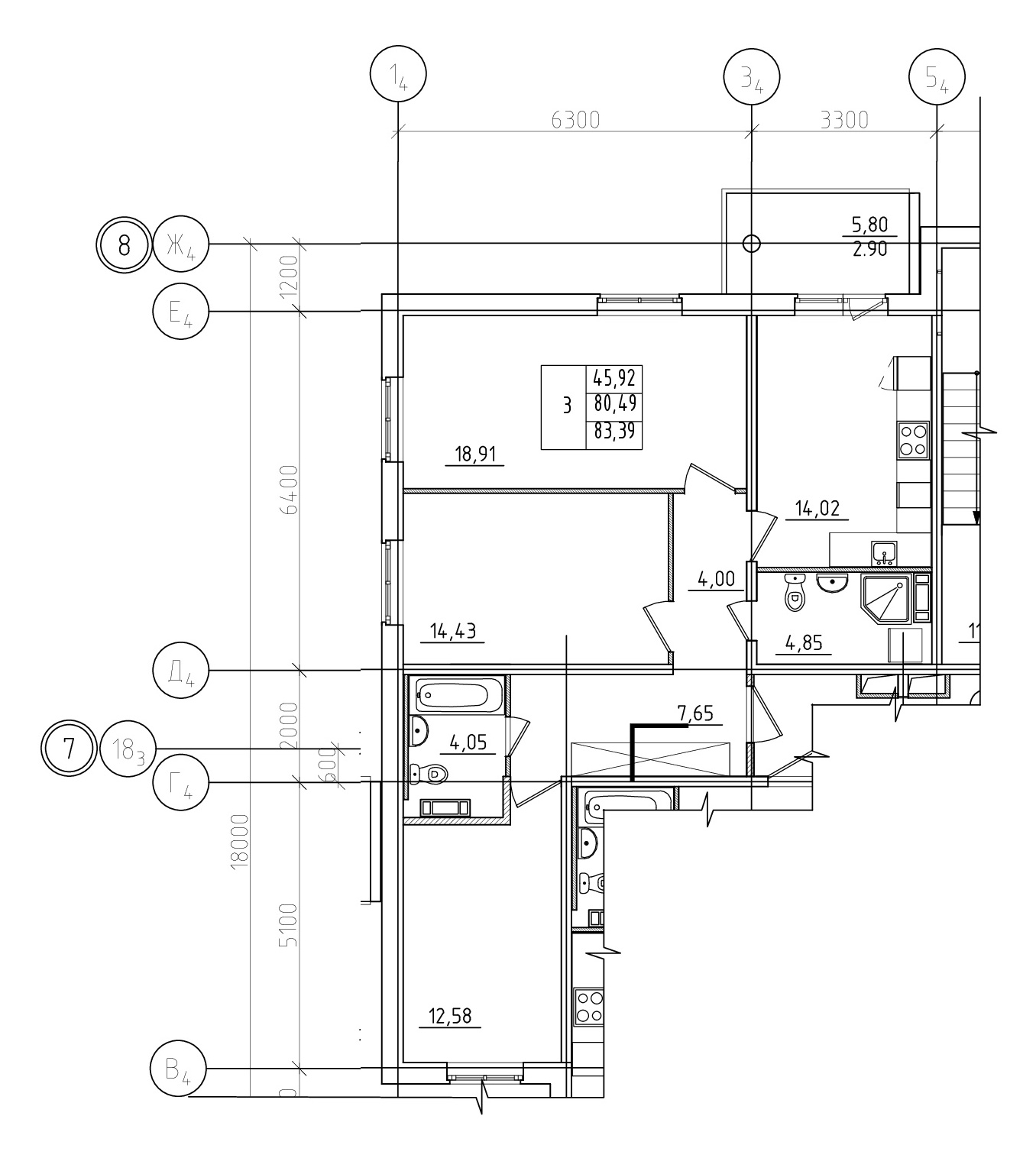3-комнатная квартира 86.29 м², 4/5 эт., ЖК «Юттери»