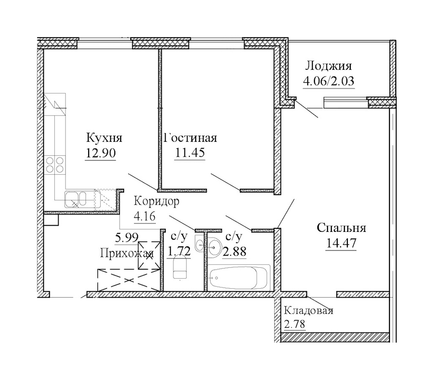 2-комнатная квартира 58.38 м², 1/5 эт., ЖК «Юттери»