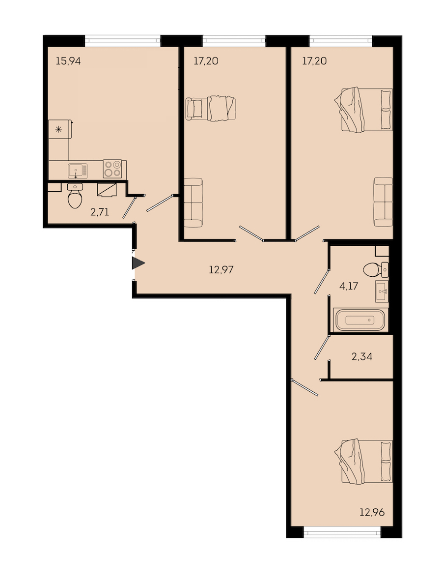 3-комнатная квартира 85.49 м², 1/7 эт., ЖК «OKLA»