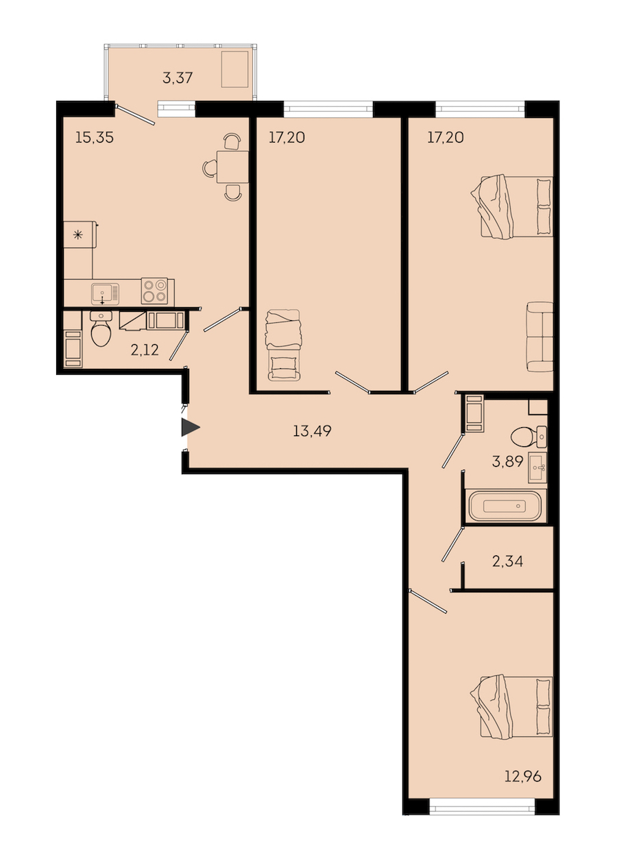 3-комнатная квартира 87.92 м², 6/7 эт., ЖК «OKLA»