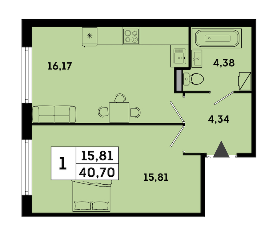 1-комнатная квартира 40.7 м², 1/7 эт., ЖК «OKLA»
