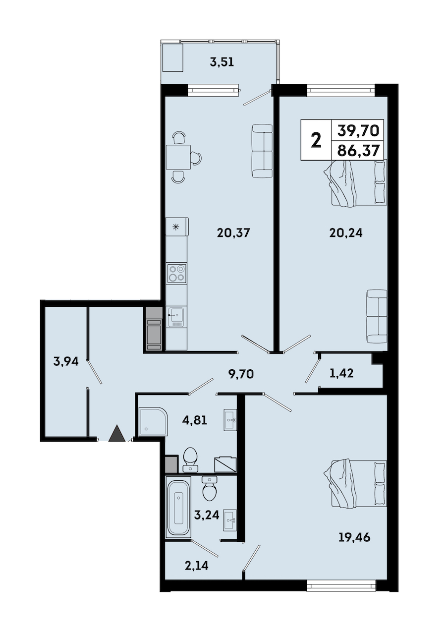2-комнатная квартира 88.83 м², 2/7 эт., ЖК «OKLA»