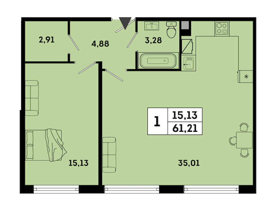 1-комнатная квартира 61.21 м², 1/7 эт., ЖК «OKLA»