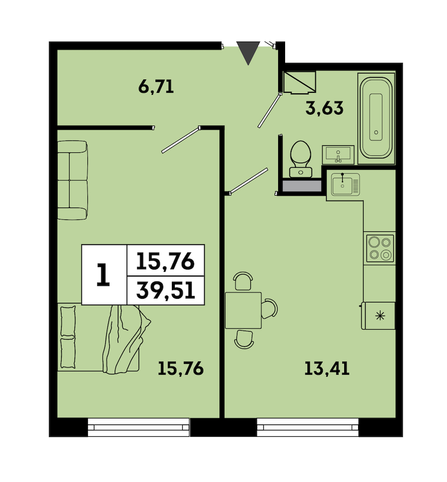1-комнатная квартира 39.51 м², 1/7 эт., ЖК «OKLA»