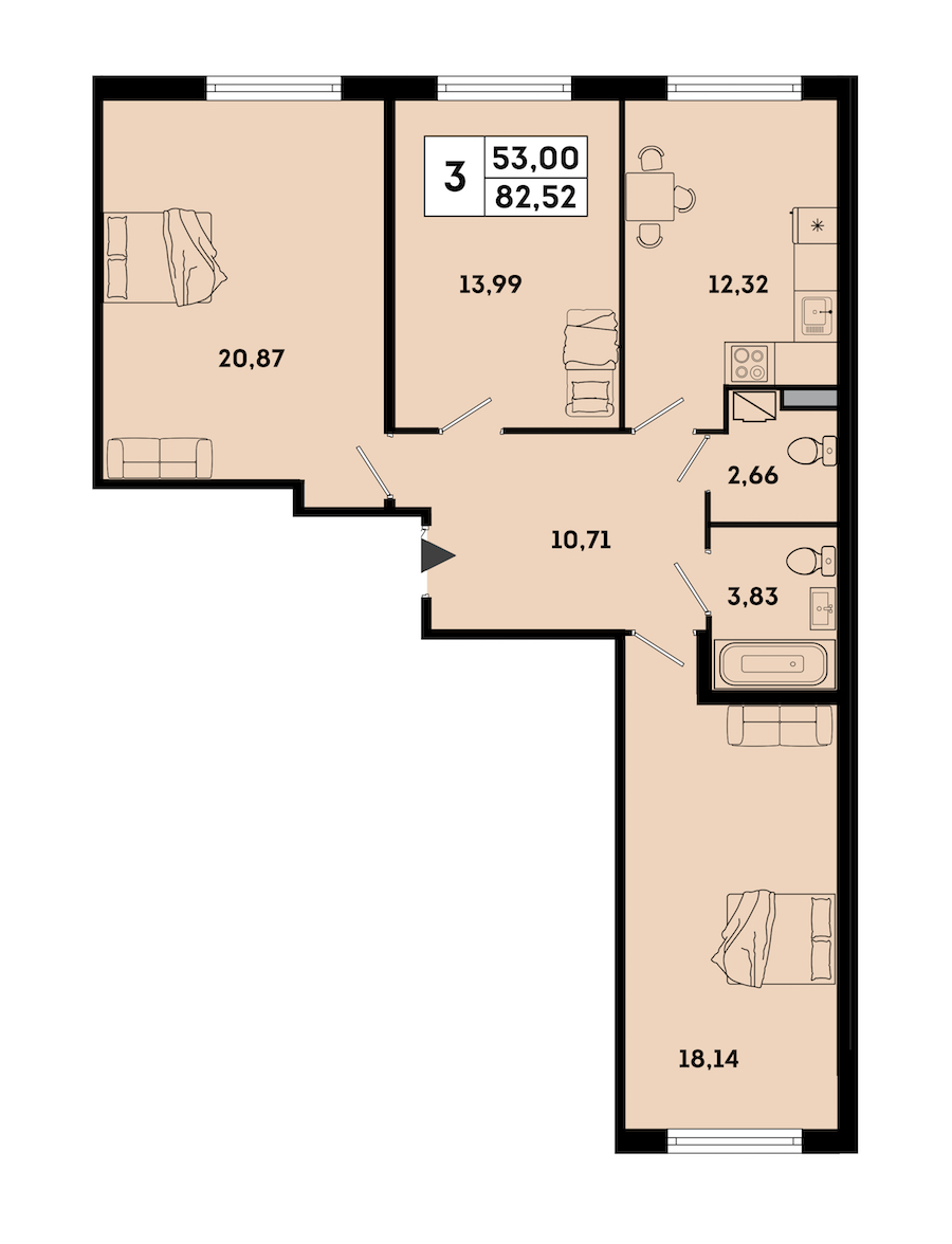 3-комнатная квартира 82.52 м², 1/7 эт., ЖК «OKLA»