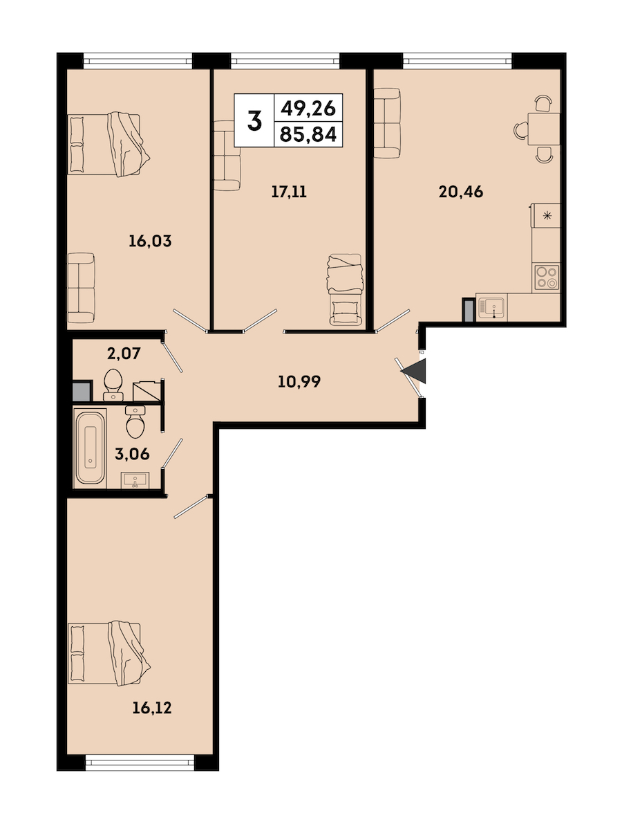 3-комнатная квартира 85.84 м², 1/7 эт., ЖК «OKLA»