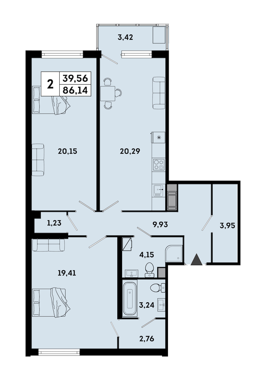 2-комнатная квартира 88.53 м², 2/7 эт., ЖК «OKLA»