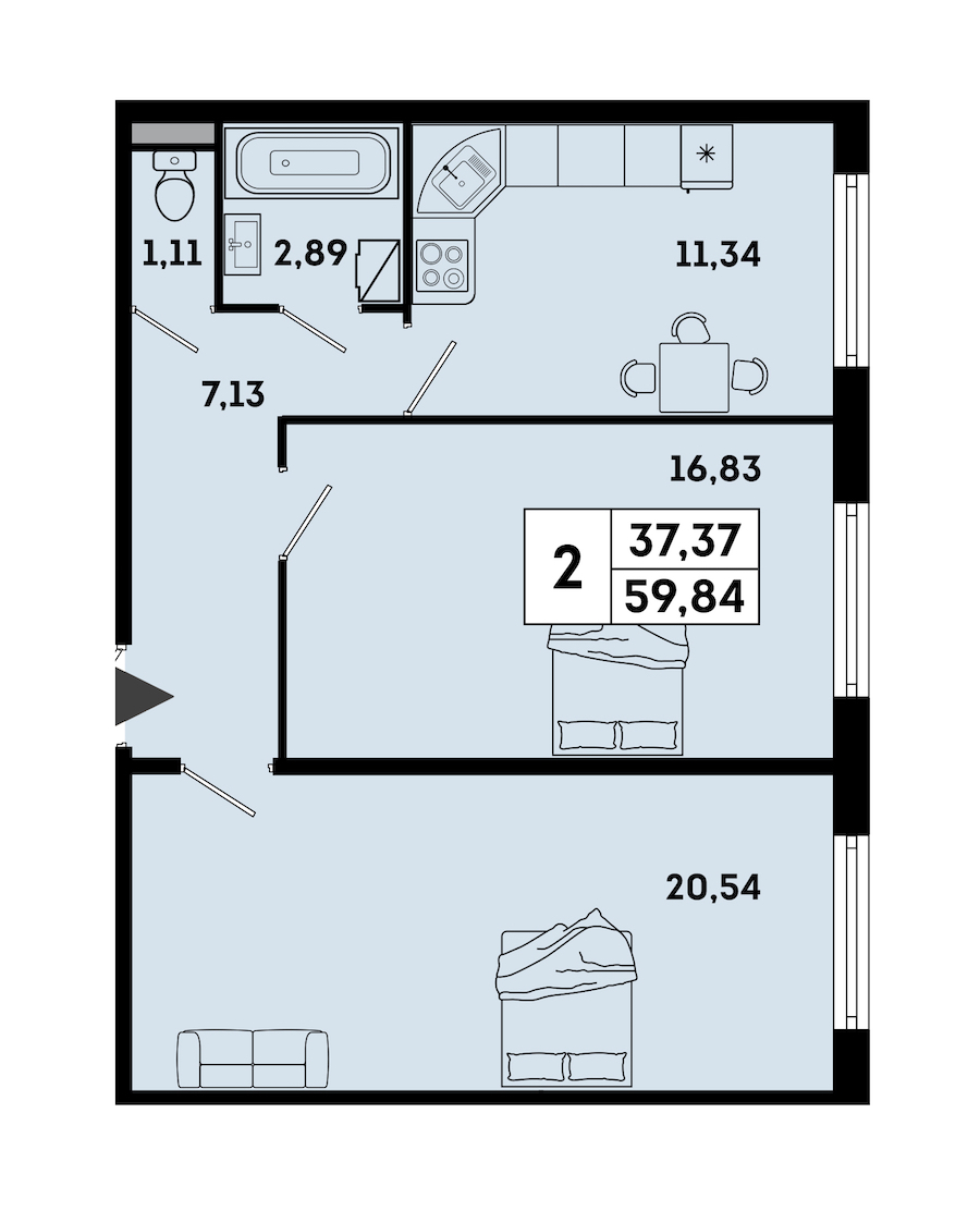 2-комнатная квартира 59.84 м², 1/7 эт., ЖК «OKLA»
