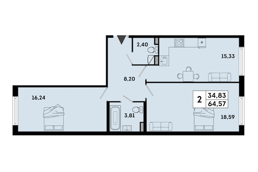 2-комнатная квартира 64.57 м², 1/7 эт., ЖК «OKLA»