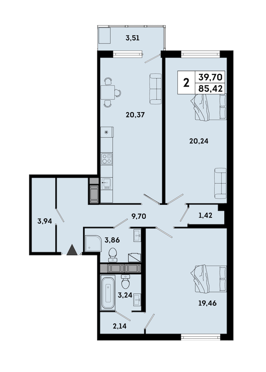 2-комнатная квартира 87.88 м², 5/7 эт., ЖК «OKLA»