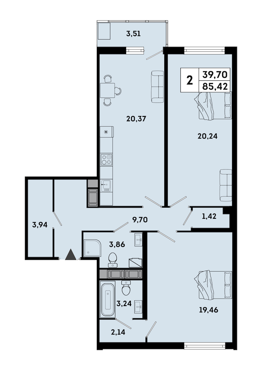 2-комнатная квартира 87.88 м², 6/7 эт., ЖК «OKLA»